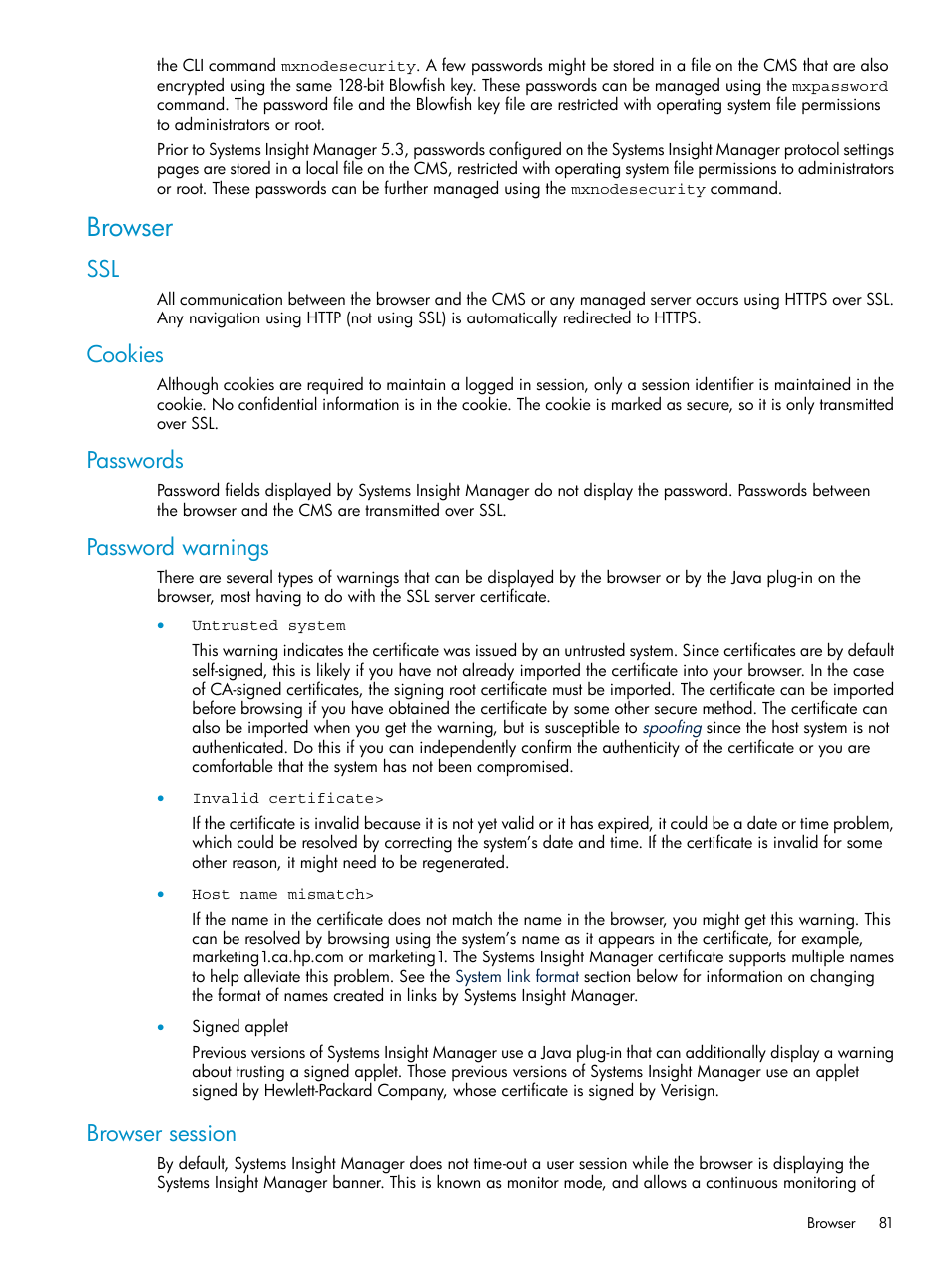 Browser, Cookies, Passwords | Password warnings, Browser session | HP Systems Insight Manager User Manual | Page 81 / 178