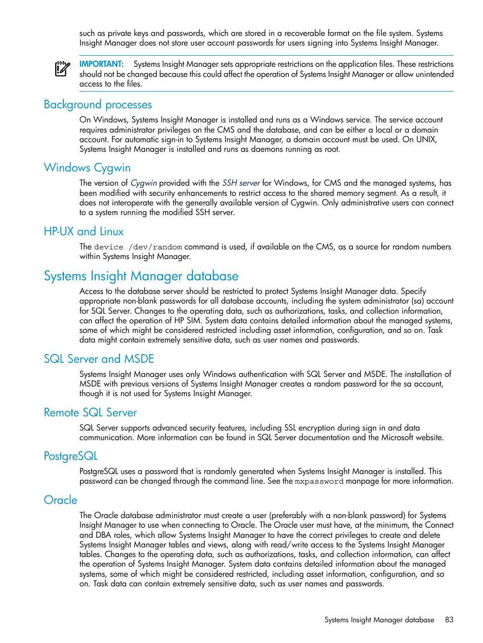 Background processes, Windows cygwin, Hp-ux and linux | Systems insight manager database, Sql server and msde, Remote sql server, Postgresql, Oracle, Background processes windows cygwin | HP Systems Insight Manager User Manual | Page 83 / 178