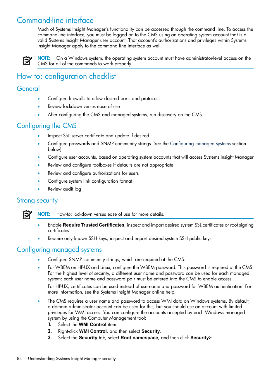 Command-line interface, How to: configuration checklist, General | Configuring the cms, Strong security, Configuring managed systems | HP Systems Insight Manager User Manual | Page 84 / 178