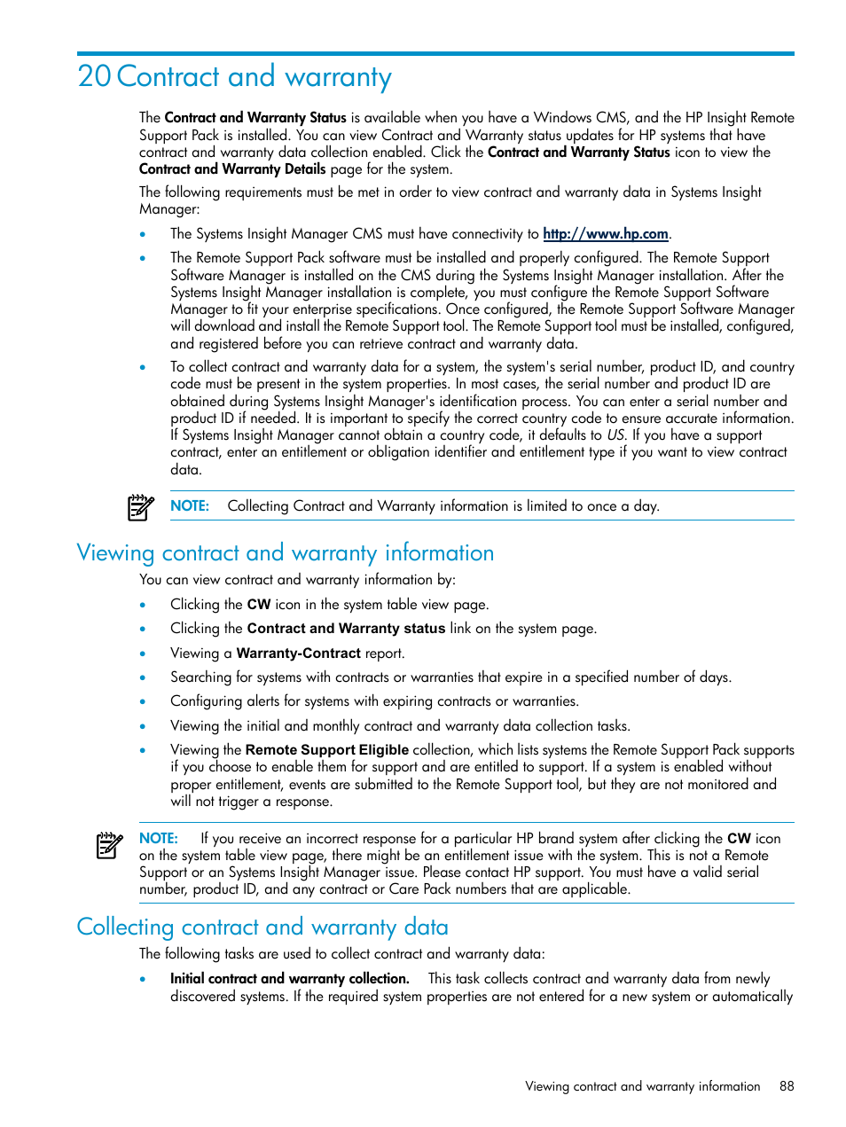 20 contract and warranty, Viewing contract and warranty information, Collecting contract and warranty data | HP Systems Insight Manager User Manual | Page 88 / 178