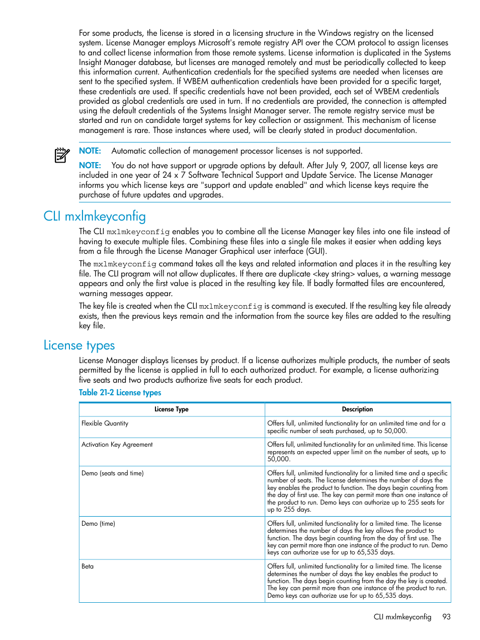 Cli mxlmkeyconfig, License types, Cli mxlmkeyconfig license types | HP Systems Insight Manager User Manual | Page 93 / 178