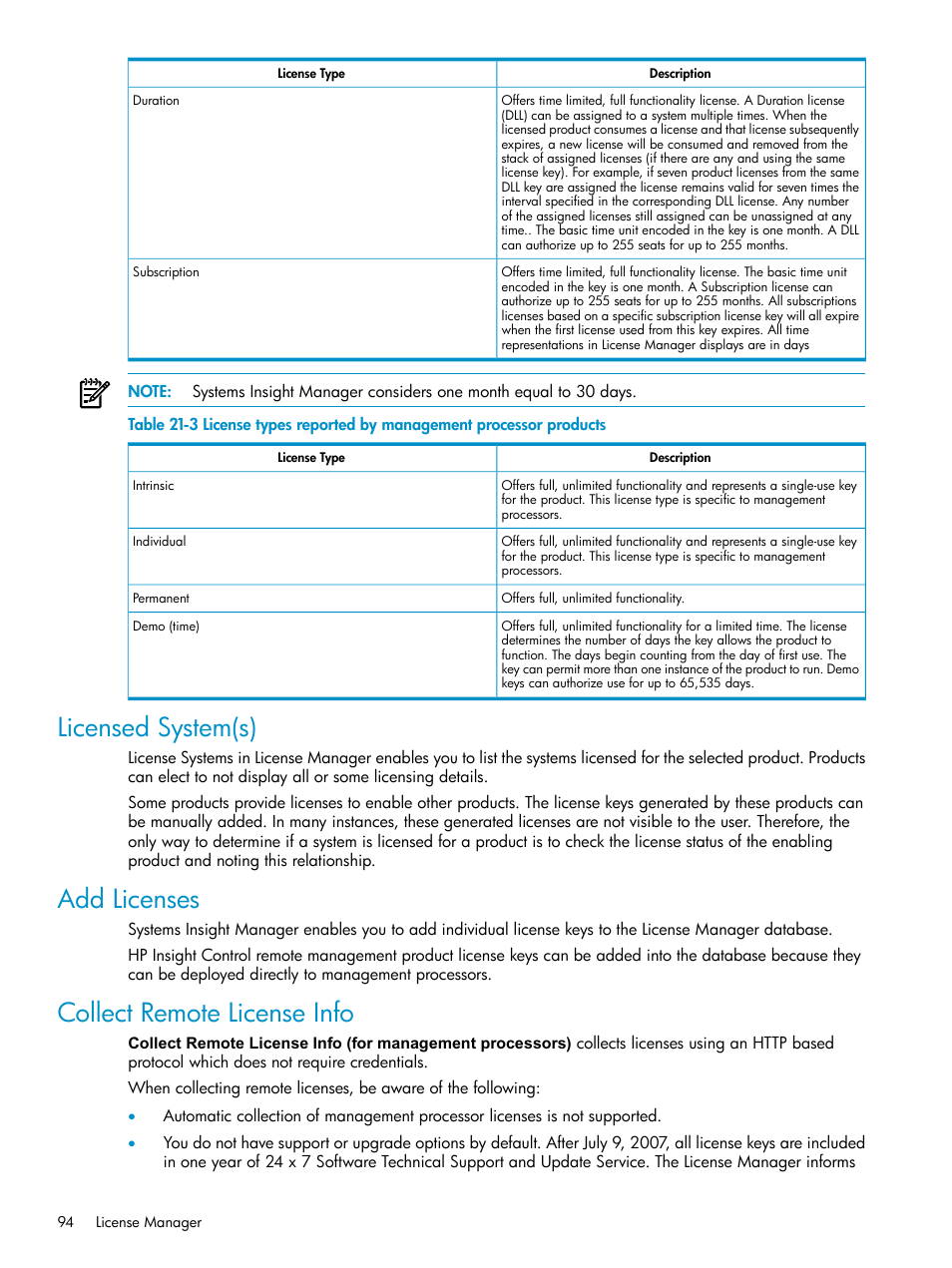 Licensed system(s), Add licenses, Collect remote license info | HP Systems Insight Manager User Manual | Page 94 / 178