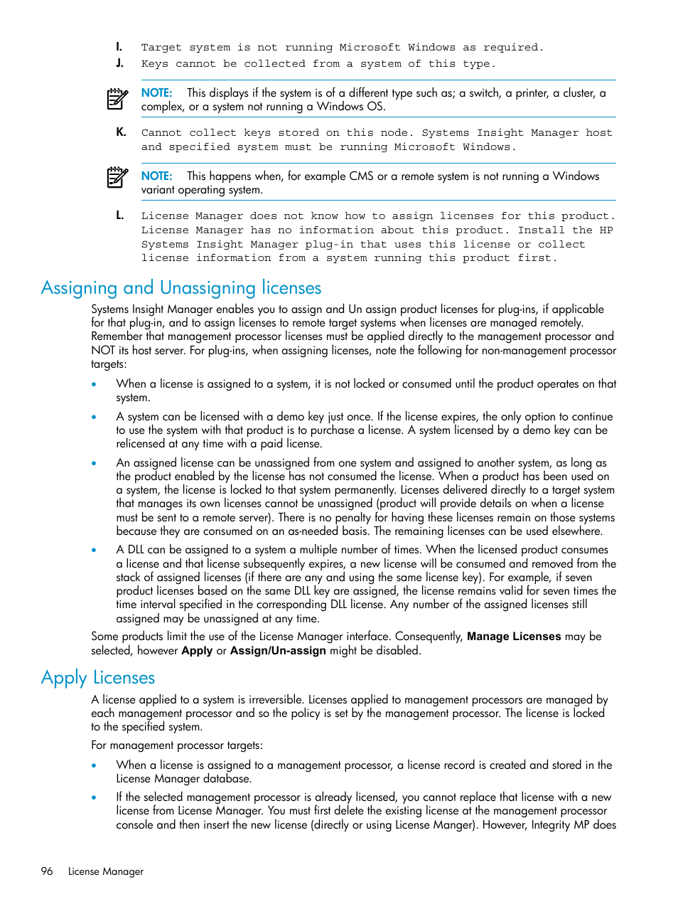 Assigning and unassigning licenses, Apply licenses, Assigning and unassigning licenses apply licenses | HP Systems Insight Manager User Manual | Page 96 / 178