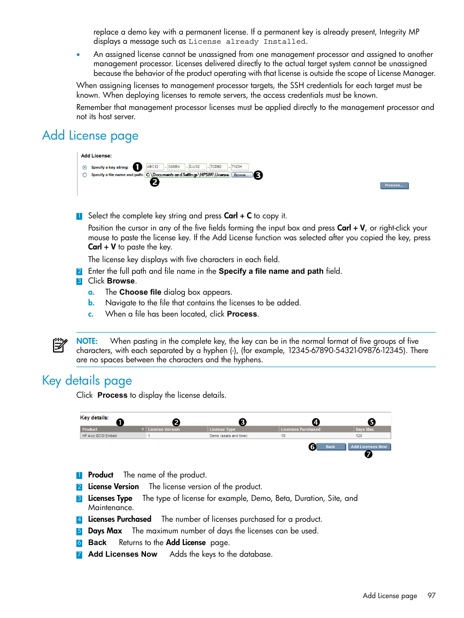 Add license page, Key details page | HP Systems Insight Manager User Manual | Page 97 / 178