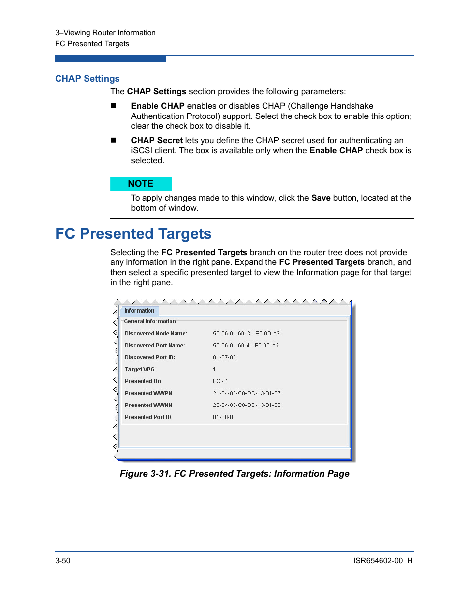 Chap settings, Fc presented targets | HP MPX200 Multifunction Router User Manual | Page 106 / 220