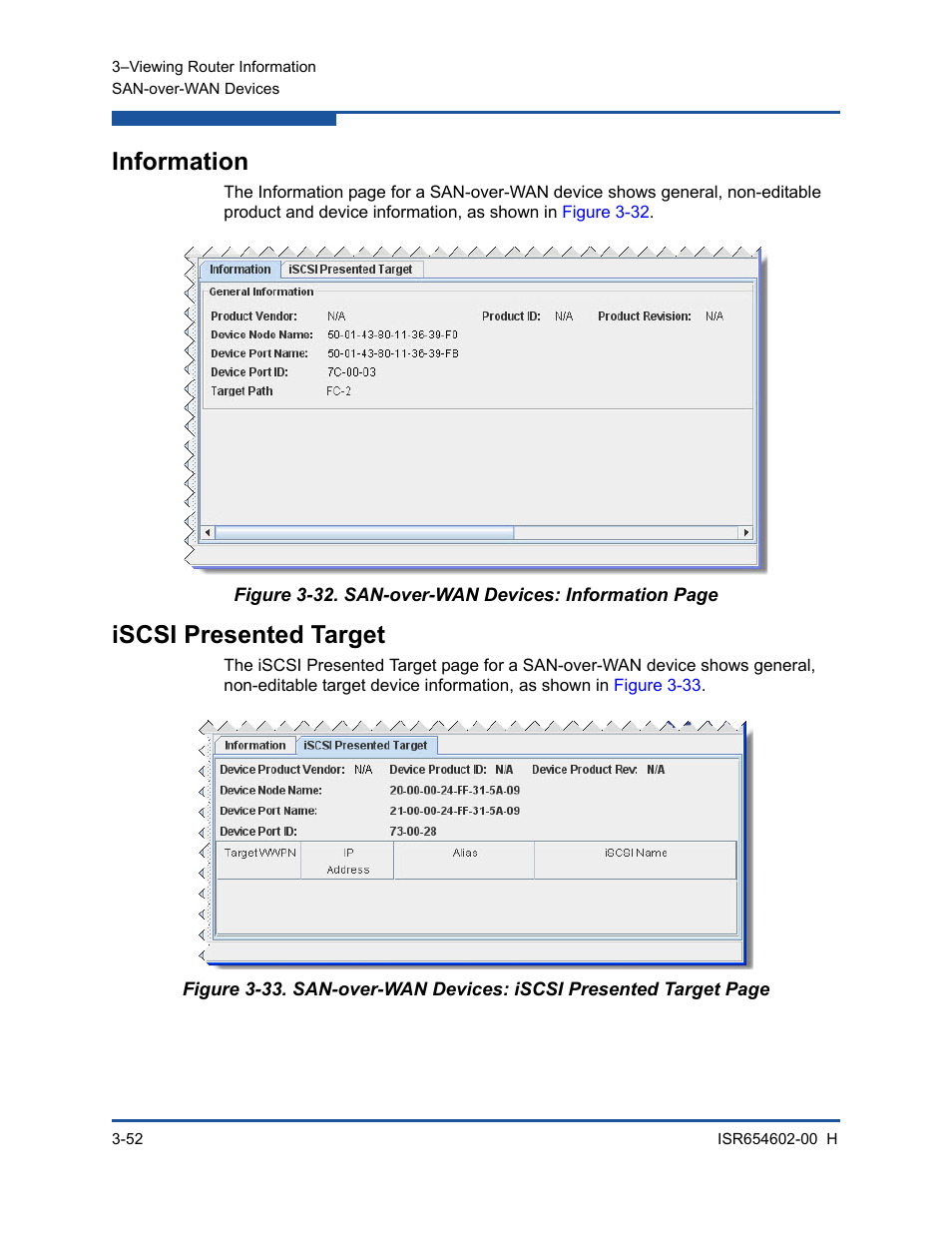 Information, Iscsi presented target | HP MPX200 Multifunction Router User Manual | Page 108 / 220