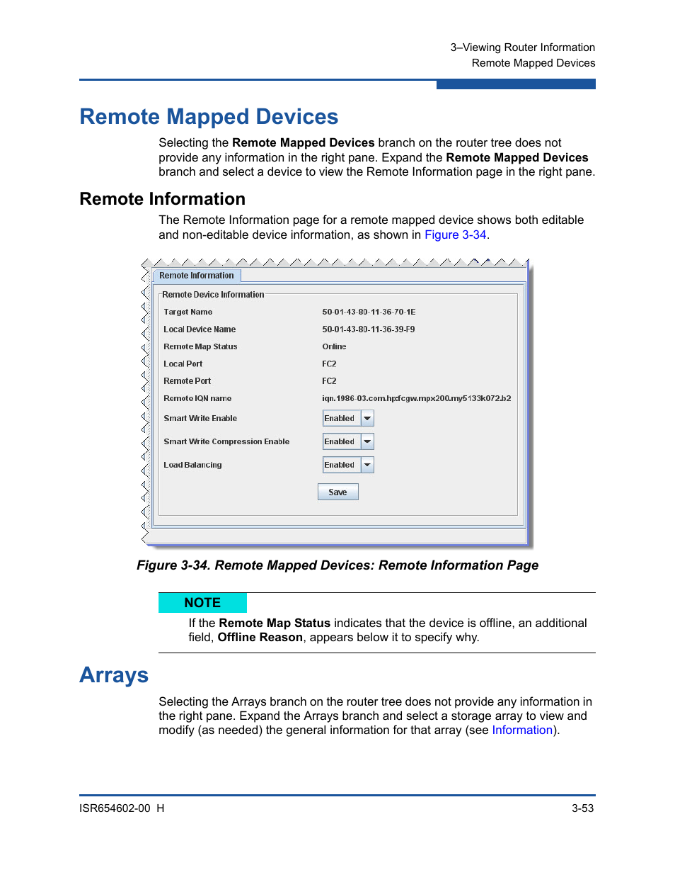 Remote mapped devices, Remote information, Arrays | HP MPX200 Multifunction Router User Manual | Page 109 / 220