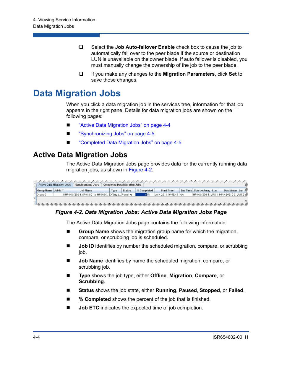 Data migration jobs, Active data migration jobs | HP MPX200 Multifunction Router User Manual | Page 132 / 220