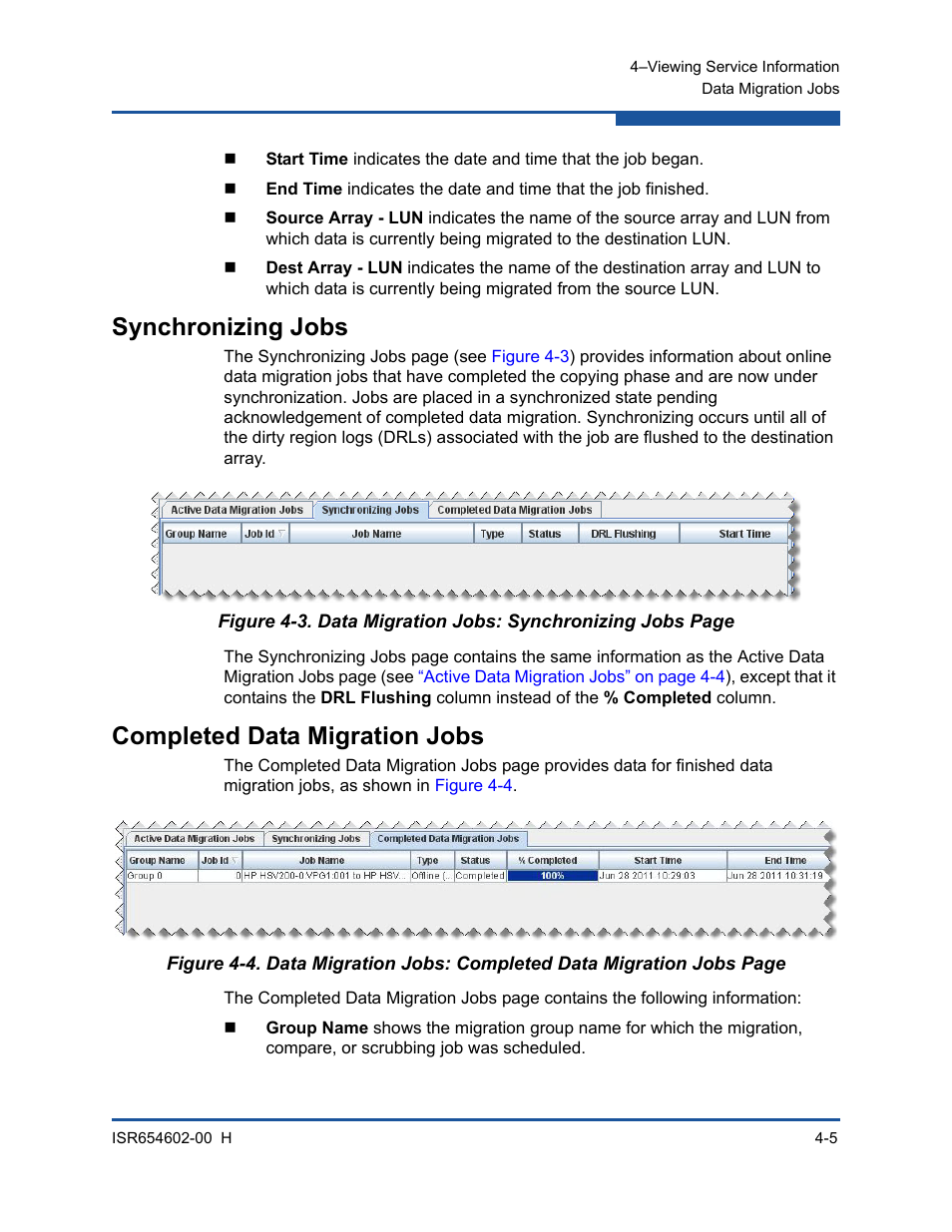 Synchronizing jobs, Completed data migration jobs | HP MPX200 Multifunction Router User Manual | Page 133 / 220