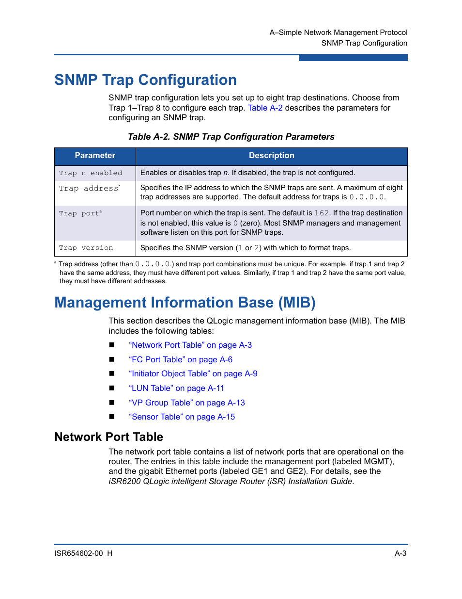 Snmp trap configuration, Management information base (mib), Network port table | Snmp trap configuration parameters | HP MPX200 Multifunction Router User Manual | Page 139 / 220