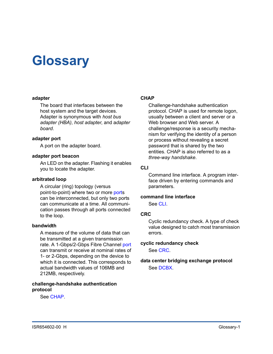 Glossary, Adapter, Adapter port | Adapter port beacon, Arbitrated loop, Bandwidth, Challenge-handshake authentication protocol, Chap, Command line interface, Cyclic redundancy check | HP MPX200 Multifunction Router User Manual | Page 195 / 220