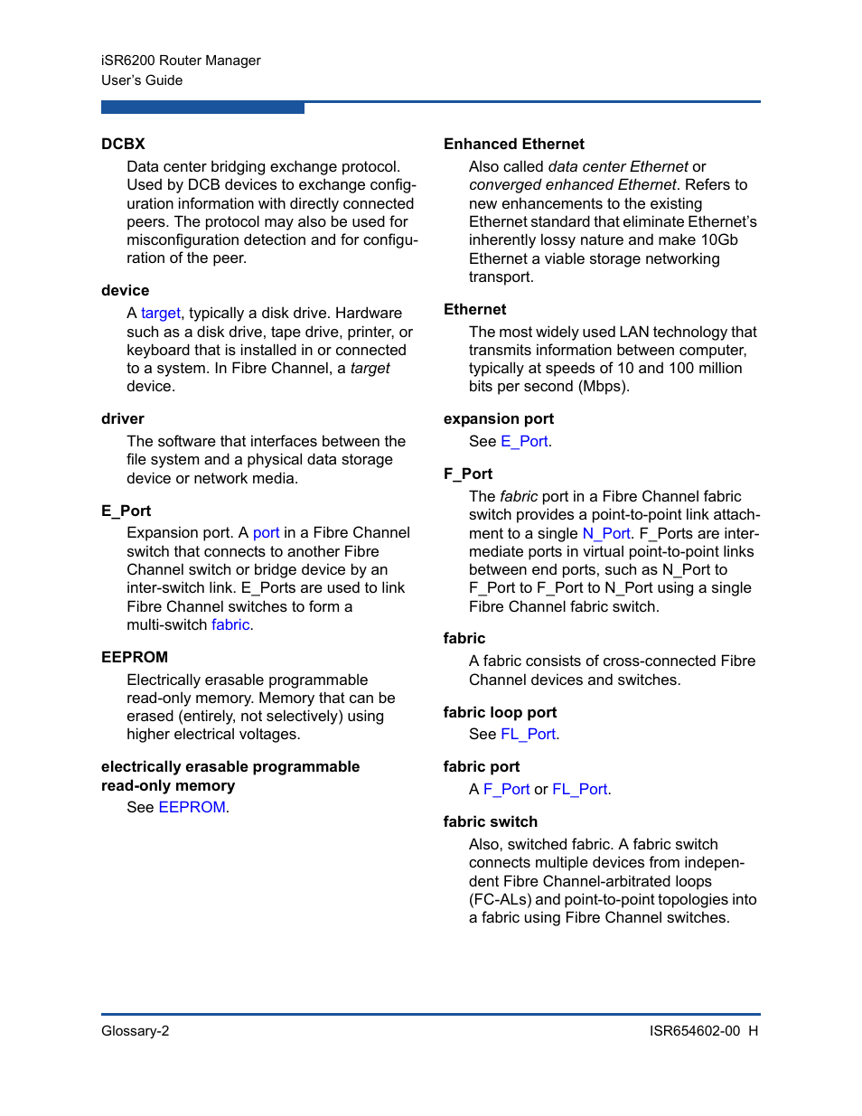 Dcbx, Device, Driver | E_port, Eeprom, Enhanced ethernet, Ethernet, Expansion port, F_port, Fabric | HP MPX200 Multifunction Router User Manual | Page 196 / 220