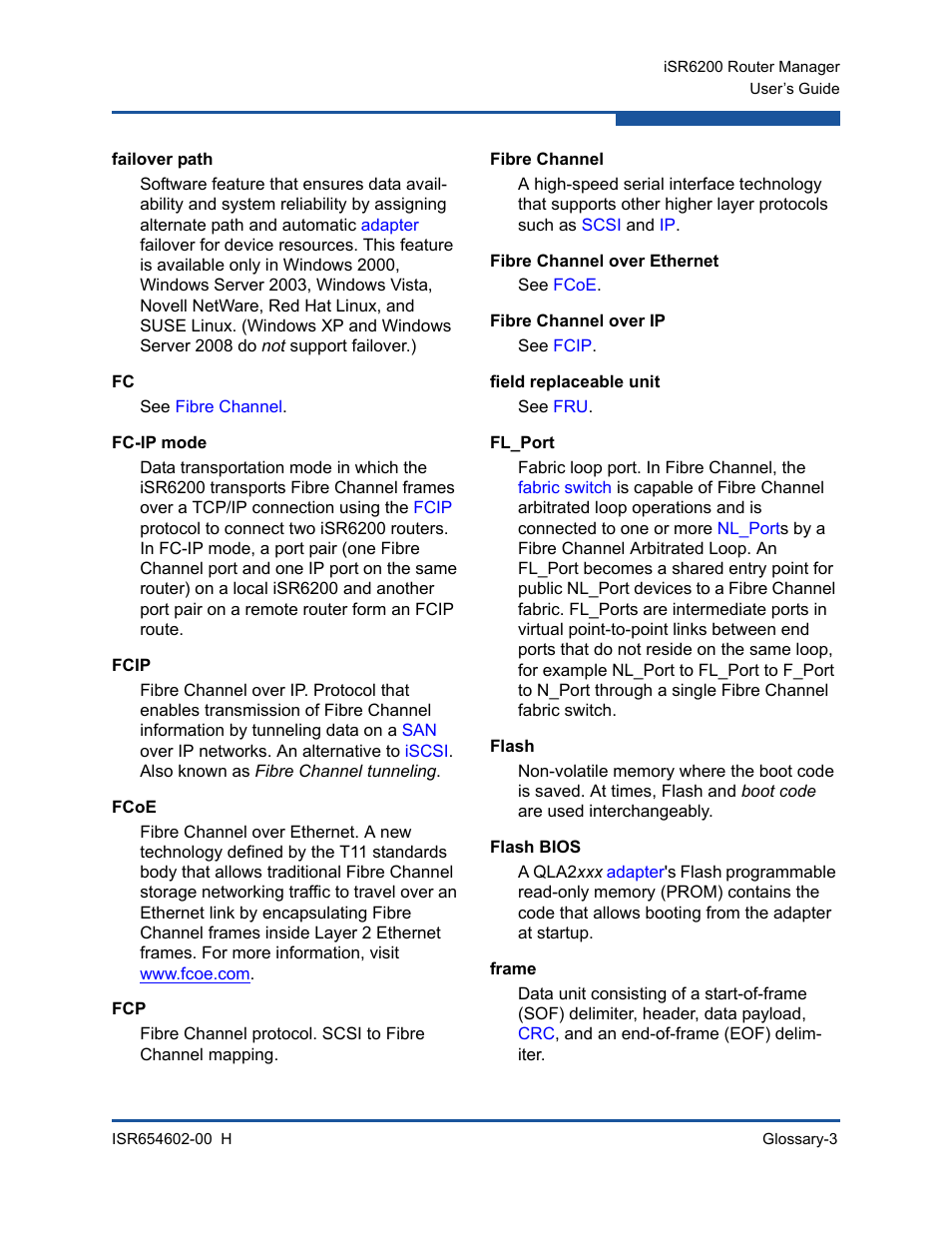 Failover path, Fc-ip mode, Fcip | Fcoe, Fibre channel, Fibre channel over ethernet, Fibre channel over ip, Field replaceable unit, Fl_port, Flash | HP MPX200 Multifunction Router User Manual | Page 197 / 220