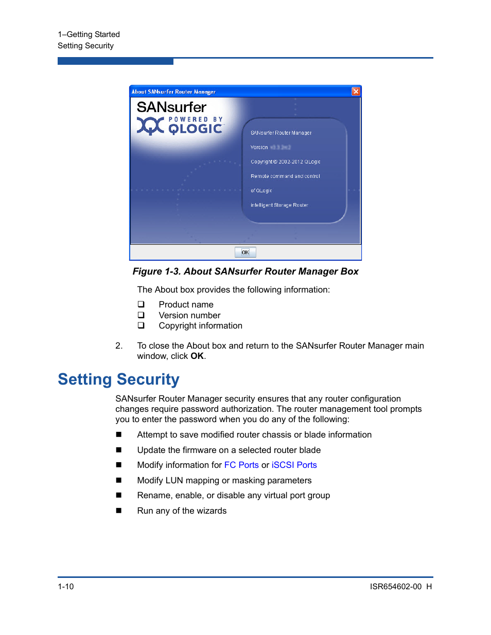 Setting security, About sansurfer router manager box, Figure 1-3 | HP MPX200 Multifunction Router User Manual | Page 30 / 220