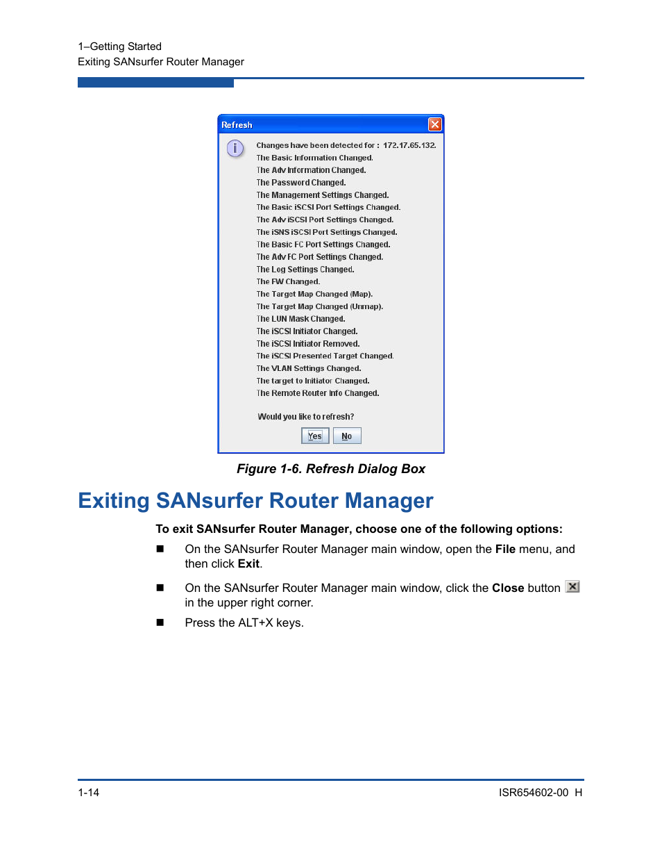 Exiting sansurfer router manager, Refresh dialog box, Figure 1-6 | Which ide | HP MPX200 Multifunction Router User Manual | Page 34 / 220