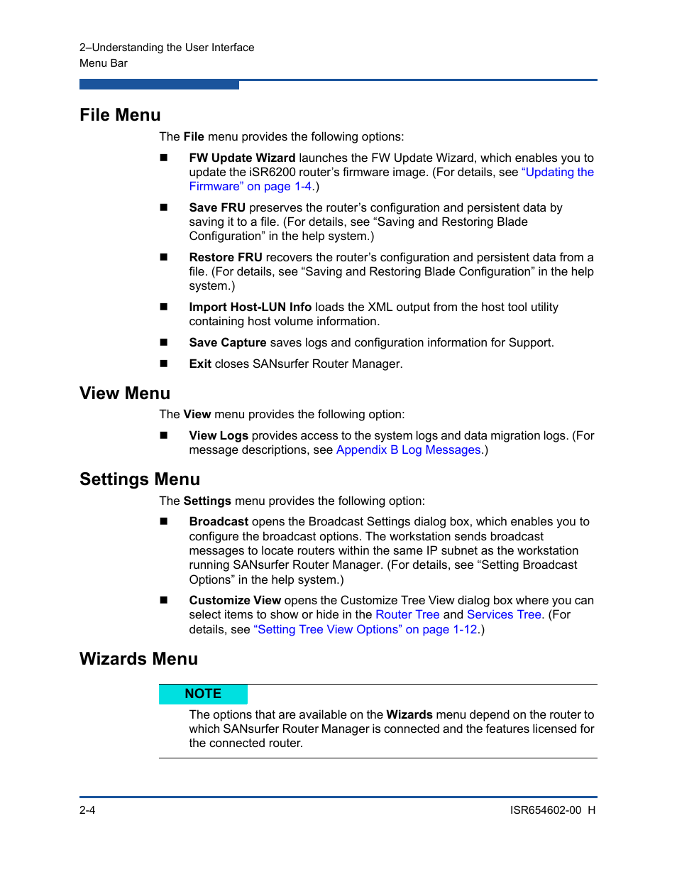 File menu, View menu, Settings menu | Wizards menu | HP MPX200 Multifunction Router User Manual | Page 38 / 220