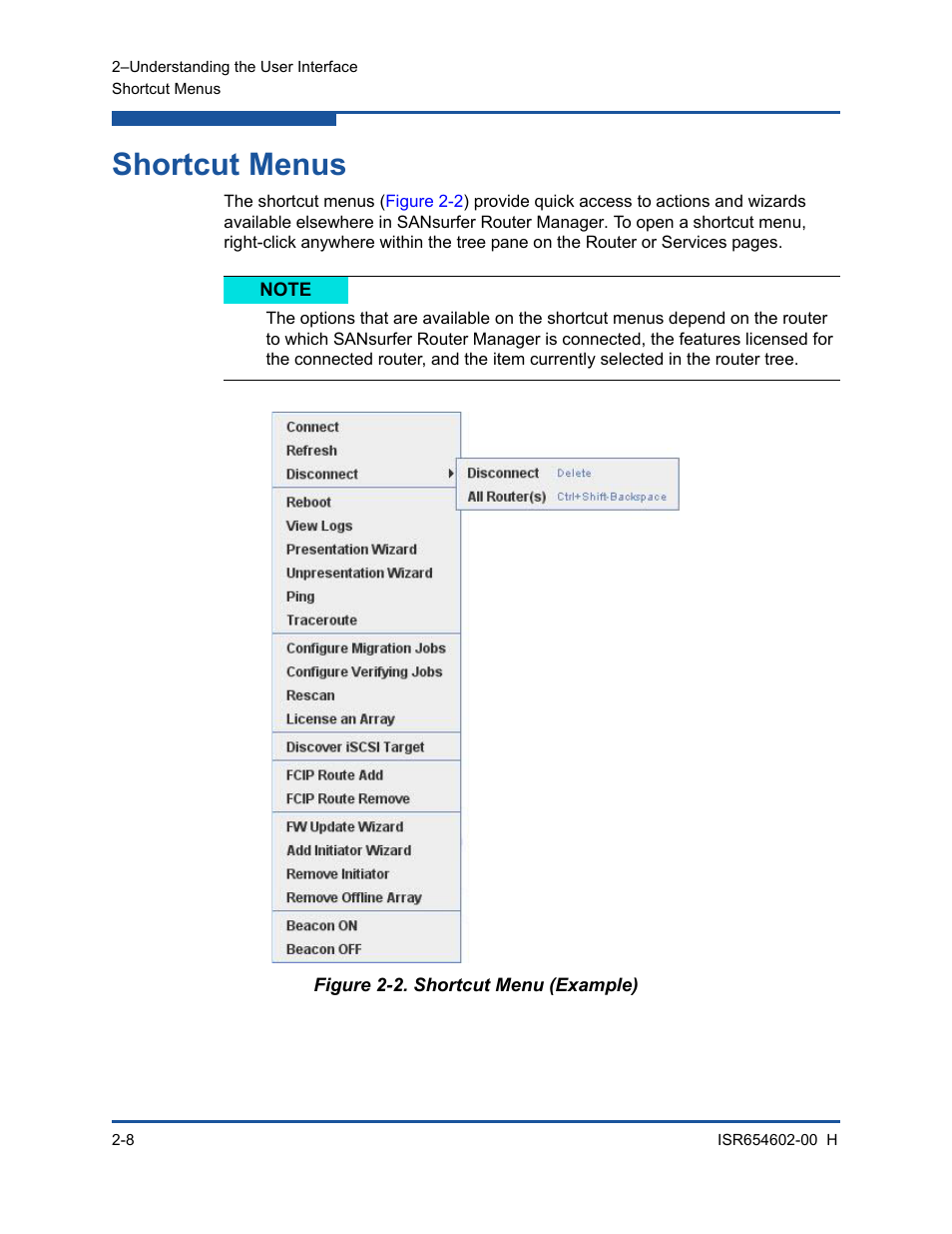 Shortcut menus, Shortcut menu (example), Shortcut menus” on | HP MPX200 Multifunction Router User Manual | Page 42 / 220