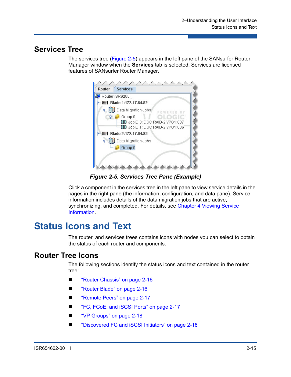 Services tree, Status icons and text, Router tree icons | Services tree pane (example) | HP MPX200 Multifunction Router User Manual | Page 49 / 220
