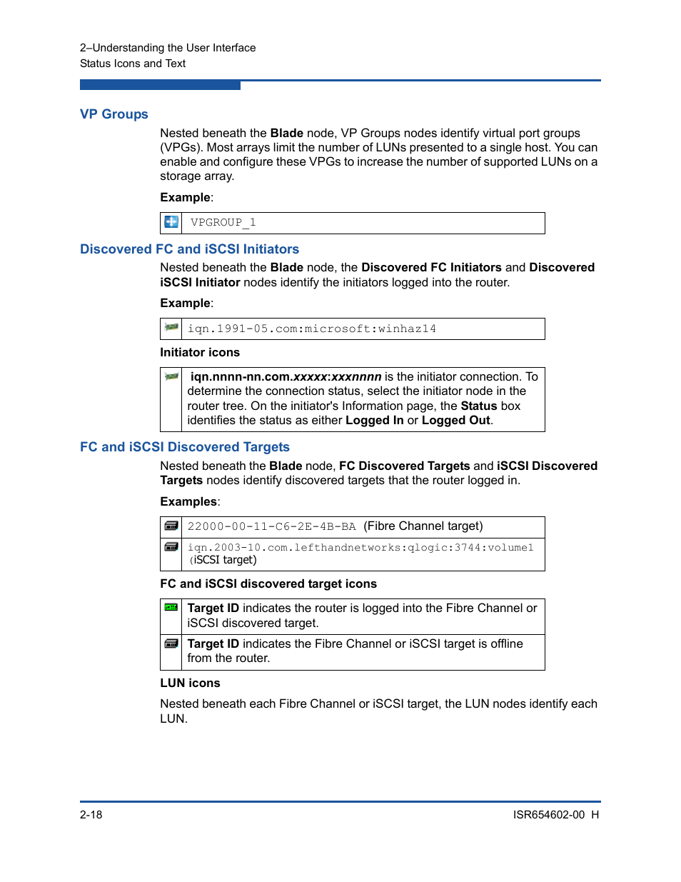 Vp groups, Discovered fc and iscsi initiators, Fc and iscsi discovered targets | HP MPX200 Multifunction Router User Manual | Page 52 / 220