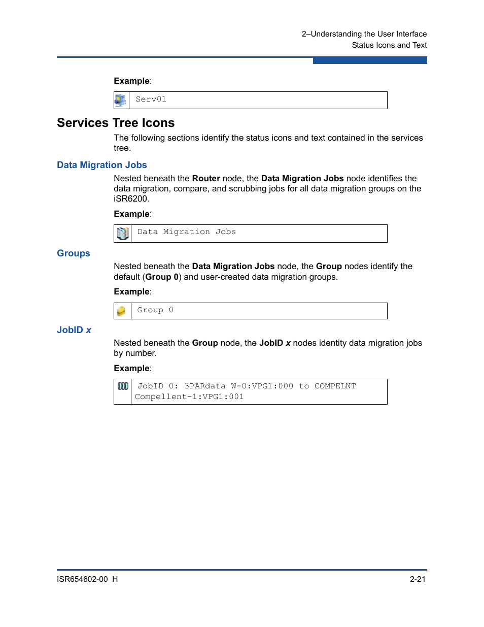 Services tree icons, Data migration jobs, Groups | Jobid x, Jobid | HP MPX200 Multifunction Router User Manual | Page 55 / 220