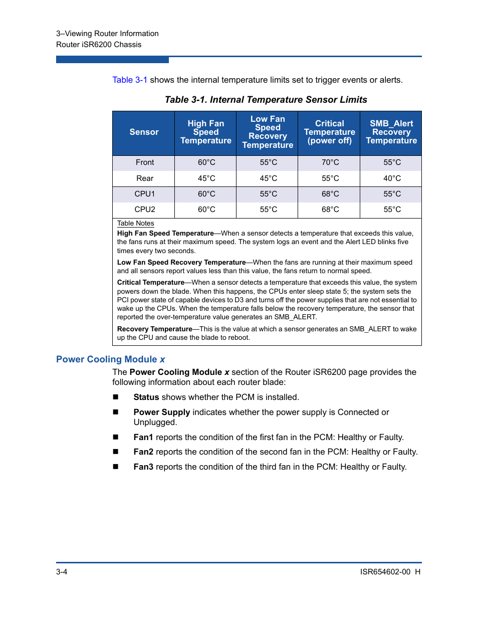 Power cooling module x, Internal temperature sensor limits | HP MPX200 Multifunction Router User Manual | Page 60 / 220