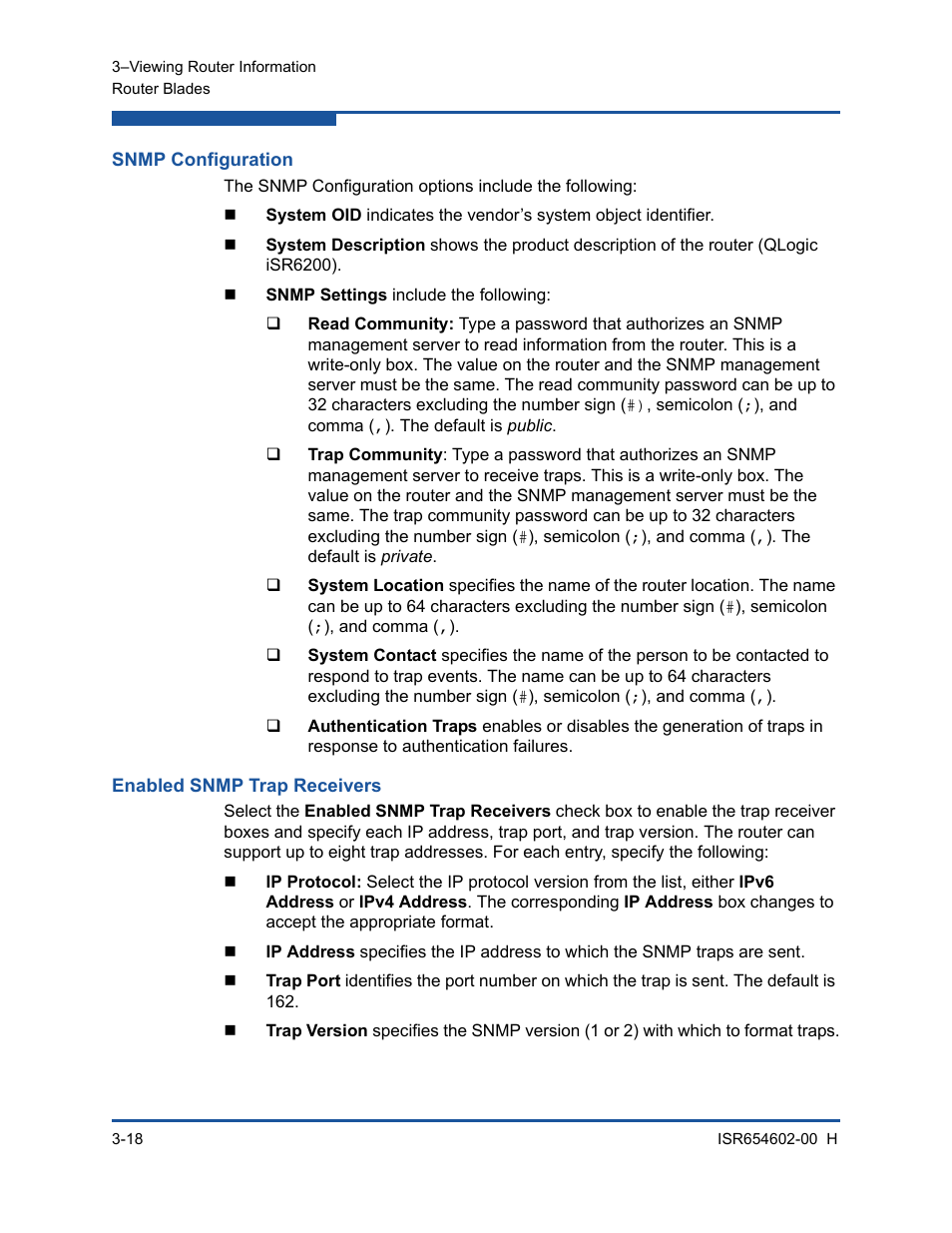 Snmp configuration, Enabled snmp trap receivers | HP MPX200 Multifunction Router User Manual | Page 74 / 220