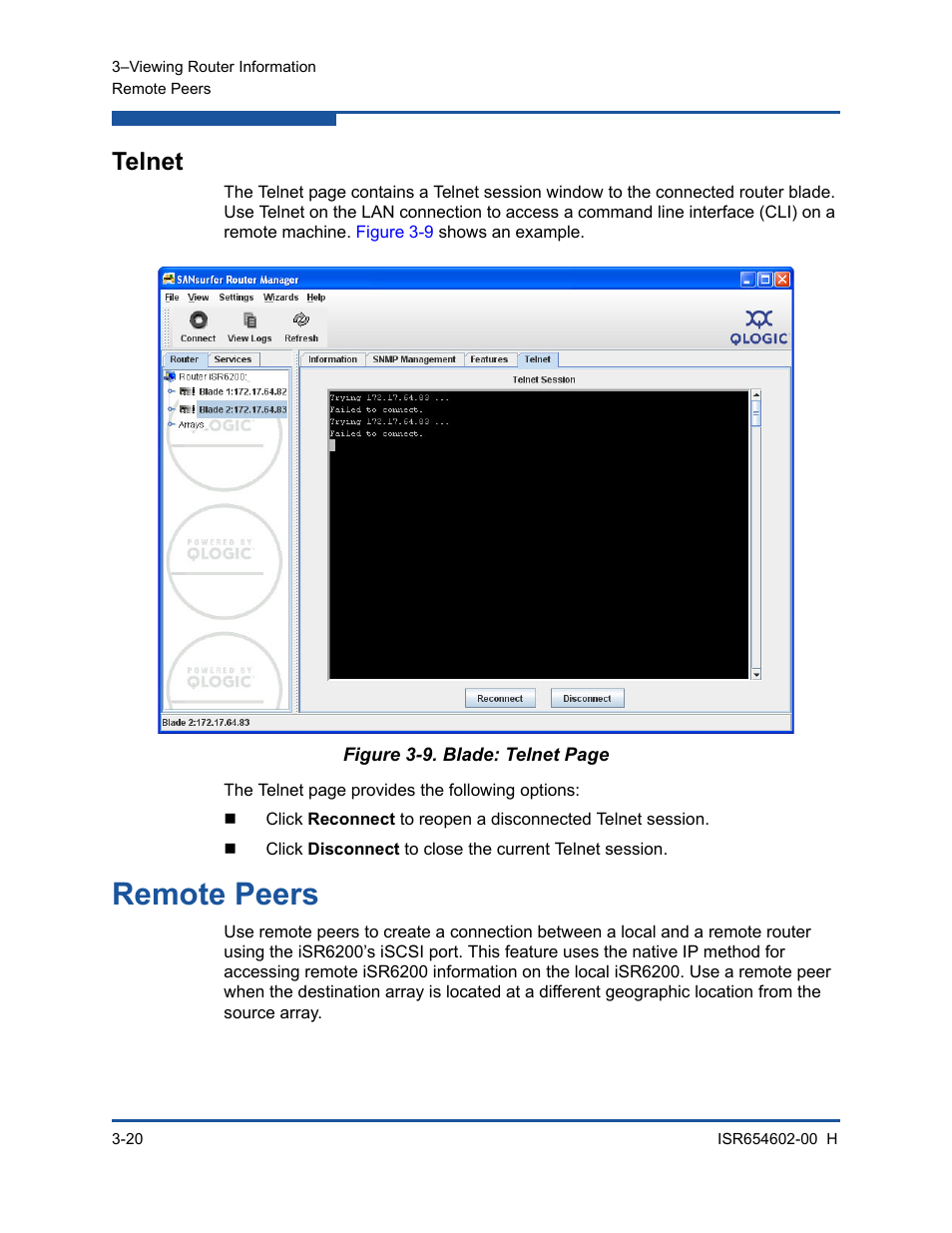 Telnet, Remote peers | HP MPX200 Multifunction Router User Manual | Page 76 / 220