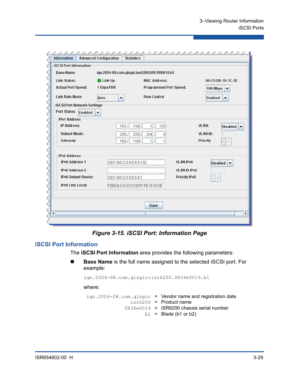 Iscsi port information, Figure 3-15 | HP MPX200 Multifunction Router User Manual | Page 85 / 220