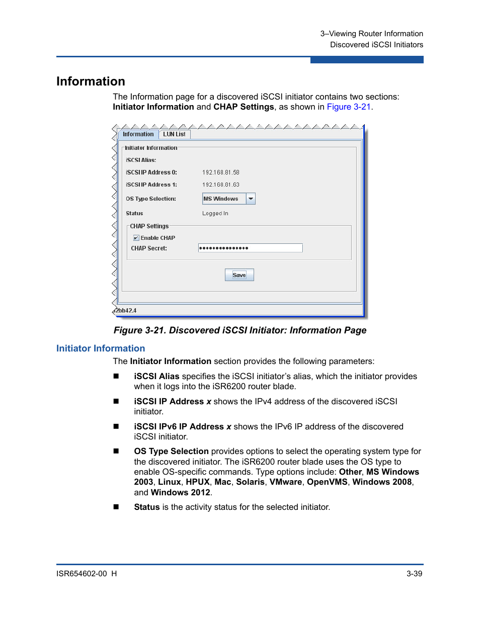 Information, Initiator information, Iscsi | HP MPX200 Multifunction Router User Manual | Page 95 / 220