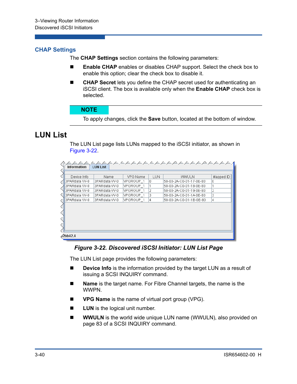 Chap settings, Lun list | HP MPX200 Multifunction Router User Manual | Page 96 / 220