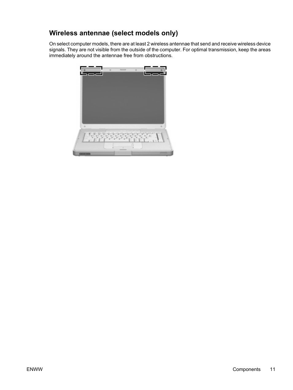 Wireless antennae (select models only) | HP Compaq Presario C310EU Notebook PC User Manual | Page 17 / 87