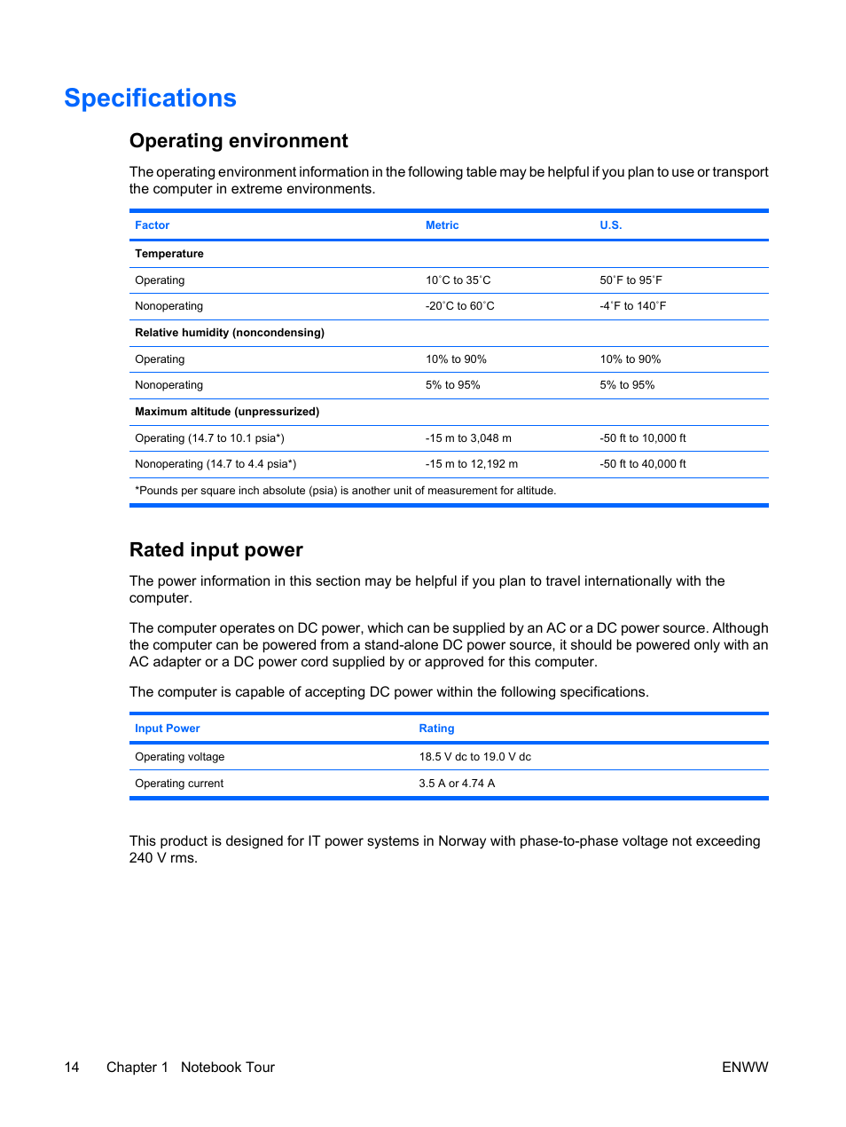 Specifications, Operating environment, Rated input power | Operating environment rated input power | HP Compaq Presario C310EU Notebook PC User Manual | Page 20 / 87