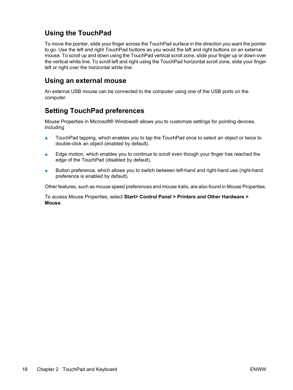 Using the touchpad, Using an external mouse, Setting touchpad preferences | HP Compaq Presario C310EU Notebook PC User Manual | Page 22 / 87