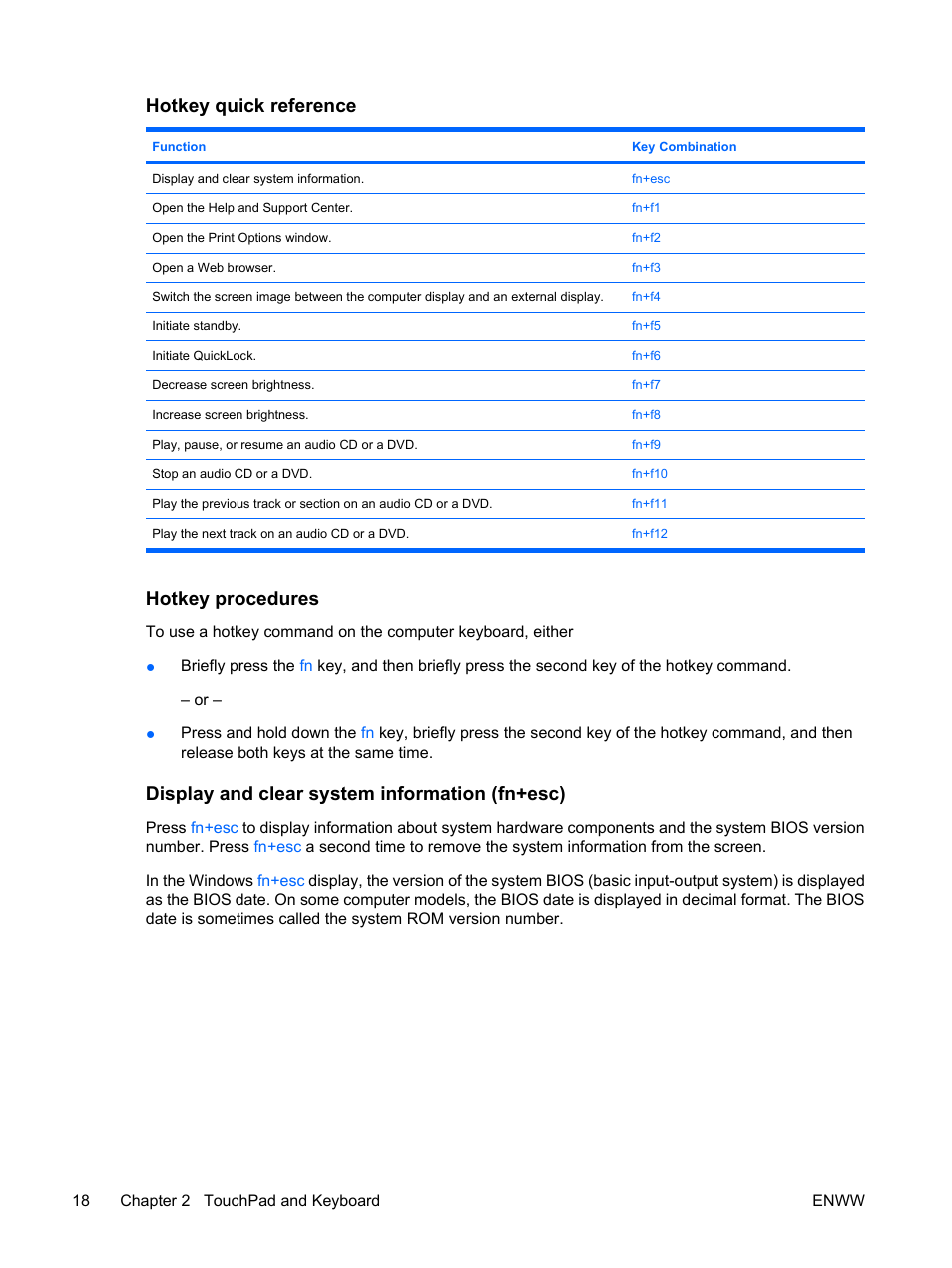 Hotkey quick reference, Hotkey procedures, Display and clear system information (fn+esc) | HP Compaq Presario C310EU Notebook PC User Manual | Page 24 / 87