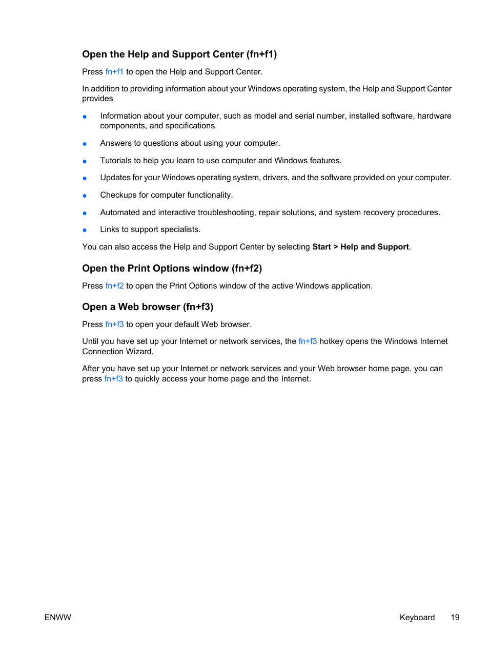 Open the help and support center (fn+f1), Open the print options window (fn+f2), Open a web browser (fn+f3) | HP Compaq Presario C310EU Notebook PC User Manual | Page 25 / 87