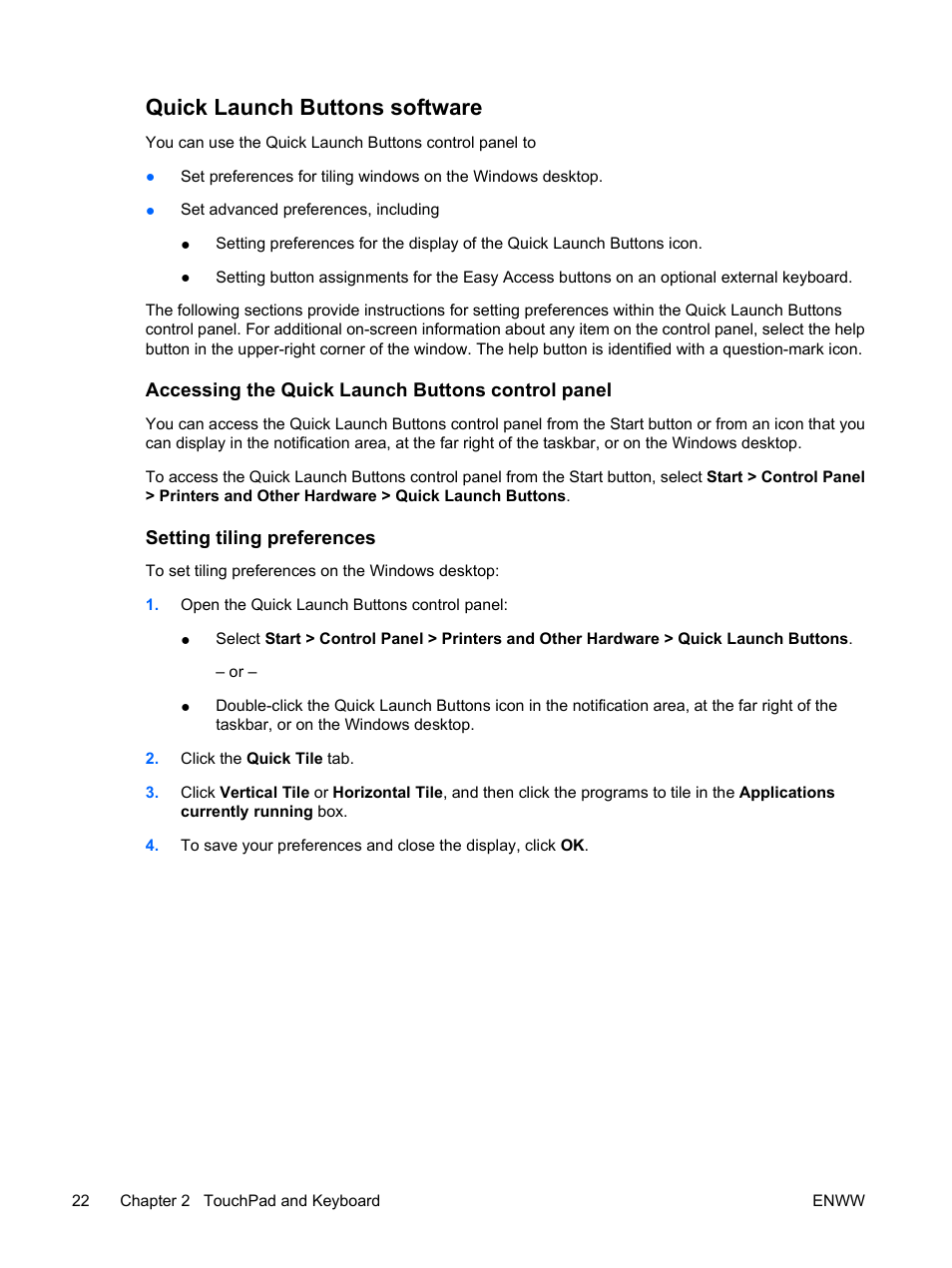 Quick launch buttons software, Accessing the quick launch buttons control panel, Setting tiling preferences | HP Compaq Presario C310EU Notebook PC User Manual | Page 28 / 87