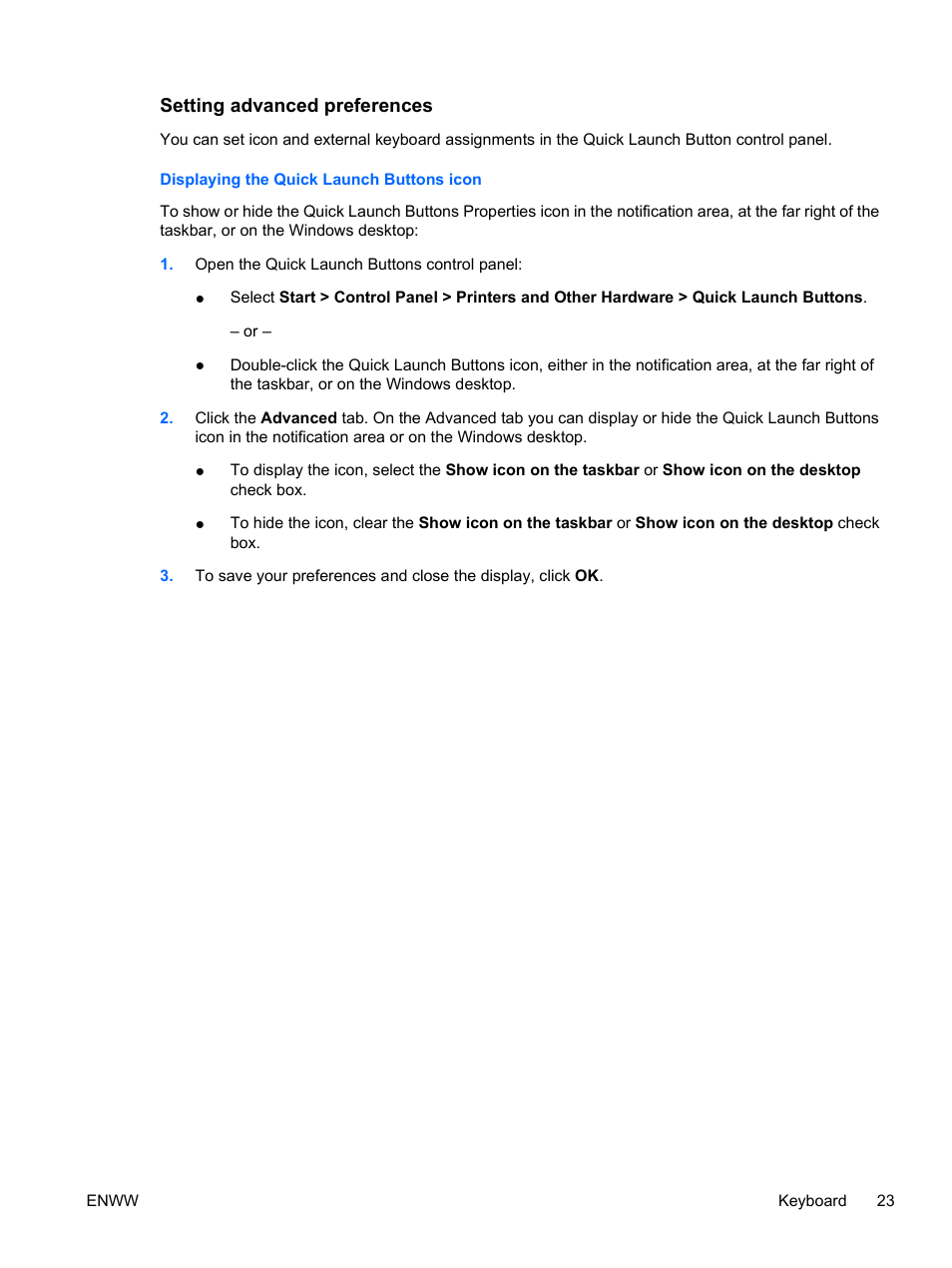 Setting advanced preferences, Displaying the quick launch buttons icon | HP Compaq Presario C310EU Notebook PC User Manual | Page 29 / 87