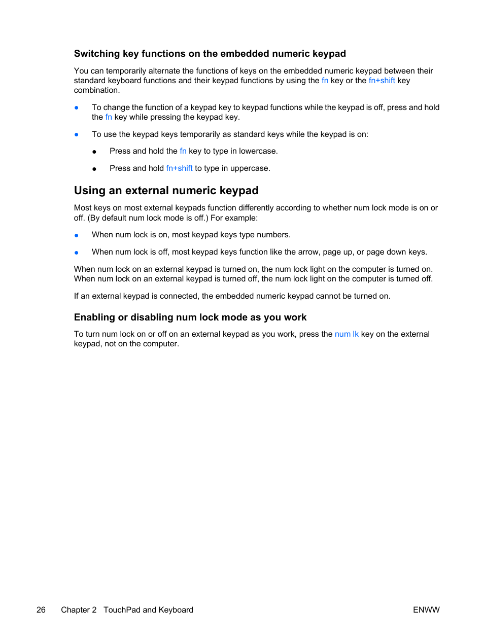 Using an external numeric keypad, Enabling or disabling num lock mode as you work | HP Compaq Presario C310EU Notebook PC User Manual | Page 32 / 87