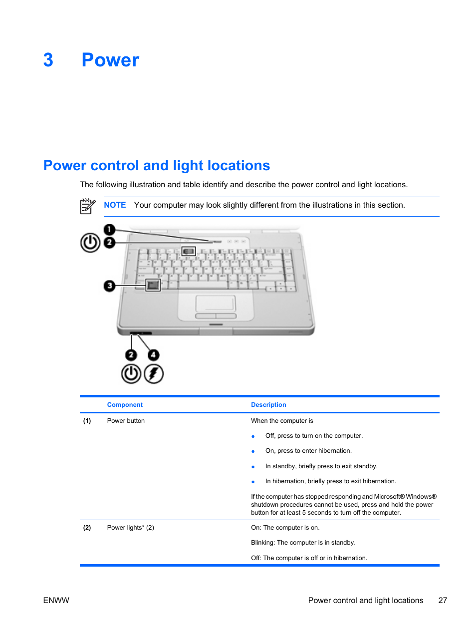 Power, Power control and light locations, 3 power | 3power | HP Compaq Presario C310EU Notebook PC User Manual | Page 33 / 87