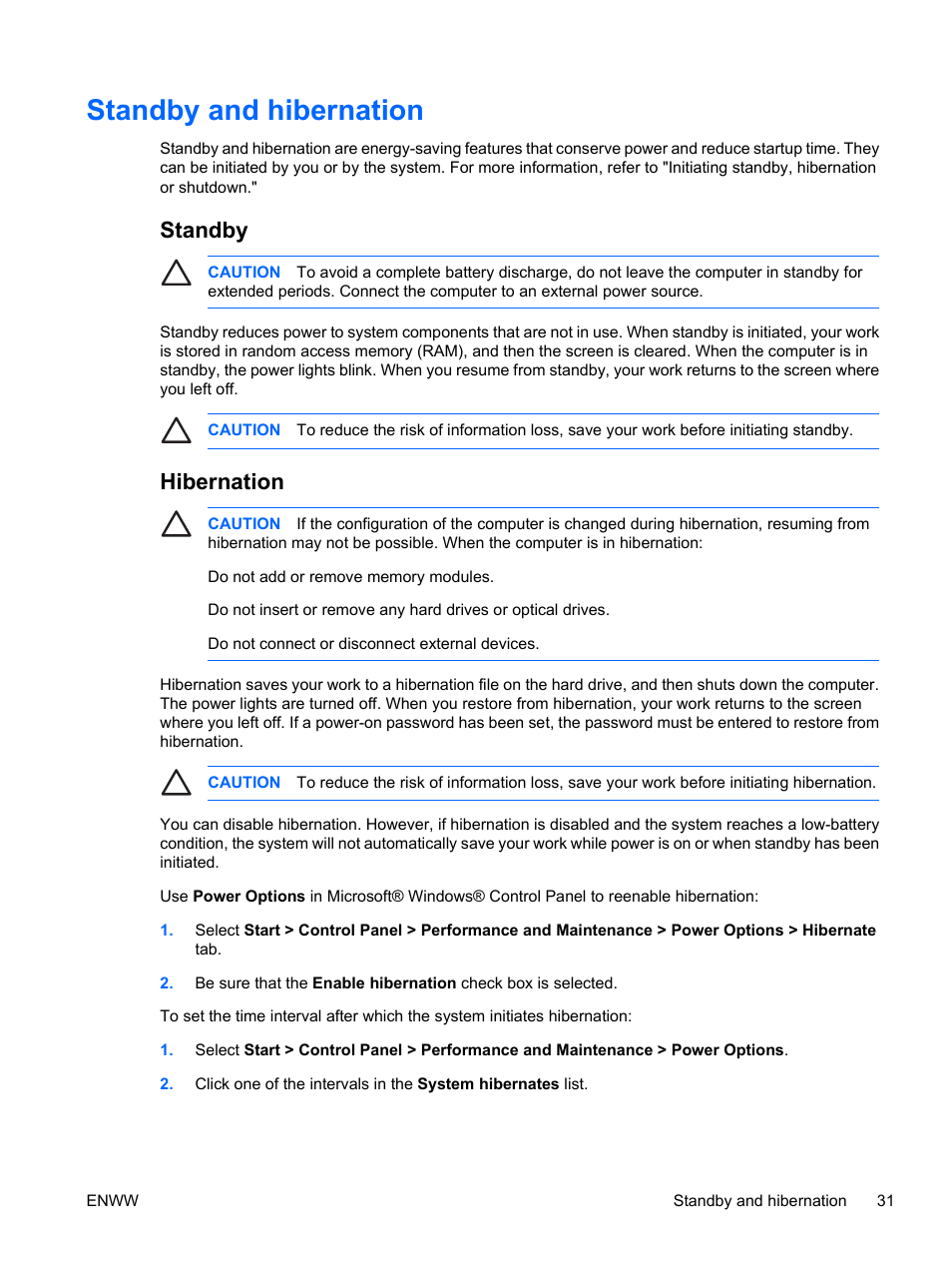 Standby and hibernation, Standby, Hibernation | Standby hibernation | HP Compaq Presario C310EU Notebook PC User Manual | Page 37 / 87