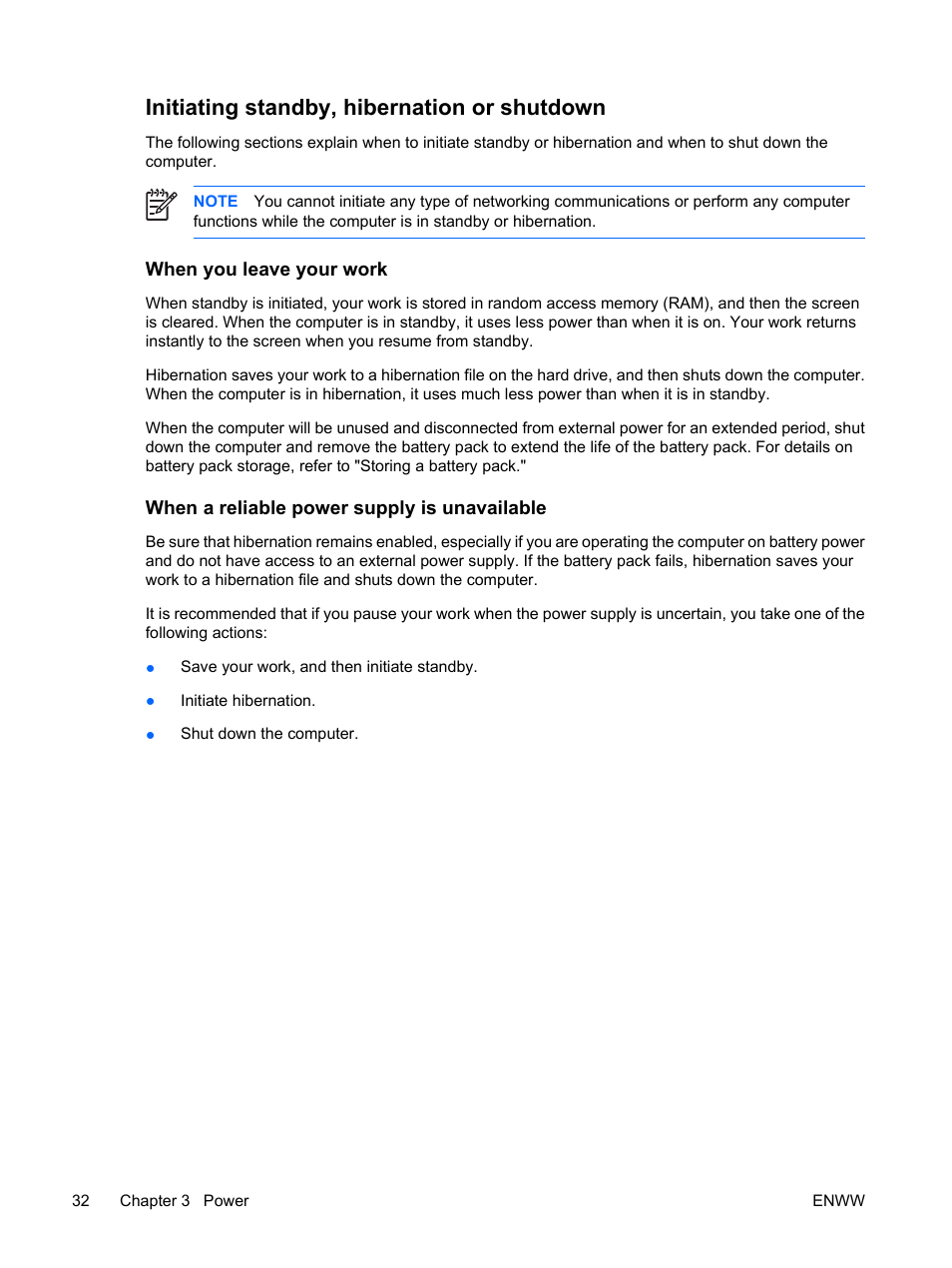 Initiating standby, hibernation or shutdown, When you leave your work, When a reliable power supply is unavailable | HP Compaq Presario C310EU Notebook PC User Manual | Page 38 / 87