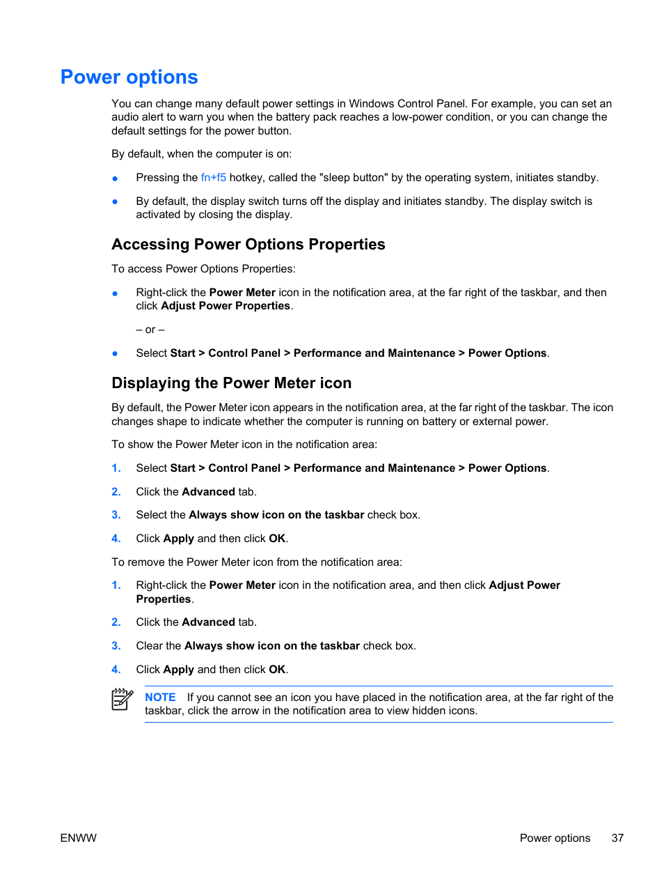 Power options, Accessing power options properties, Displaying the power meter icon | HP Compaq Presario C310EU Notebook PC User Manual | Page 43 / 87