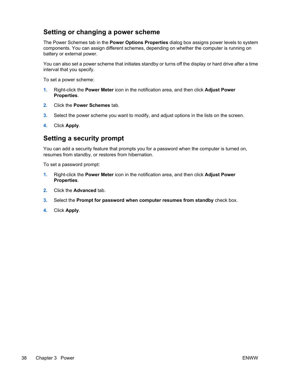 Setting or changing a power scheme, Setting a security prompt | HP Compaq Presario C310EU Notebook PC User Manual | Page 44 / 87