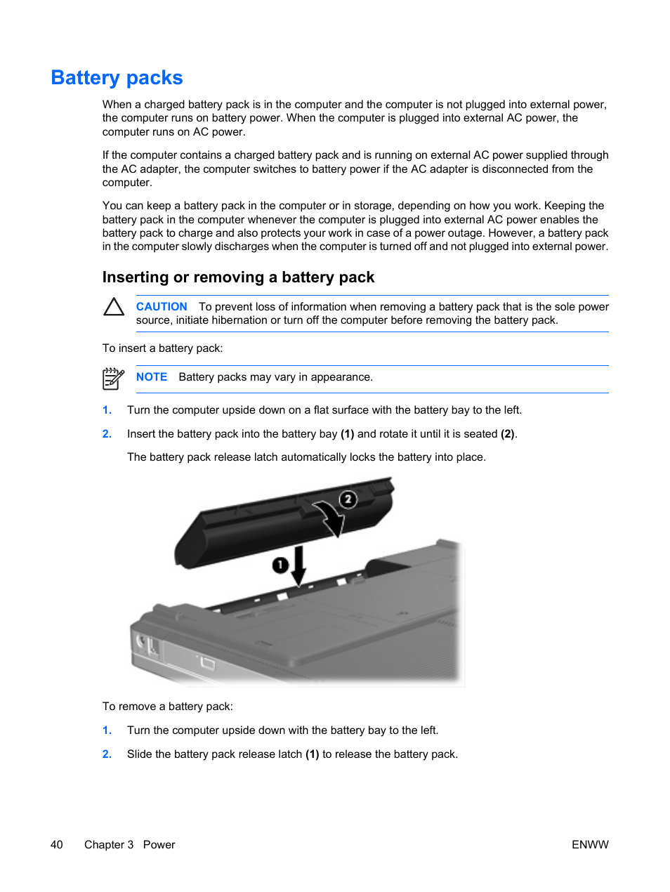 Battery packs, Inserting or removing a battery pack | HP Compaq Presario C310EU Notebook PC User Manual | Page 46 / 87