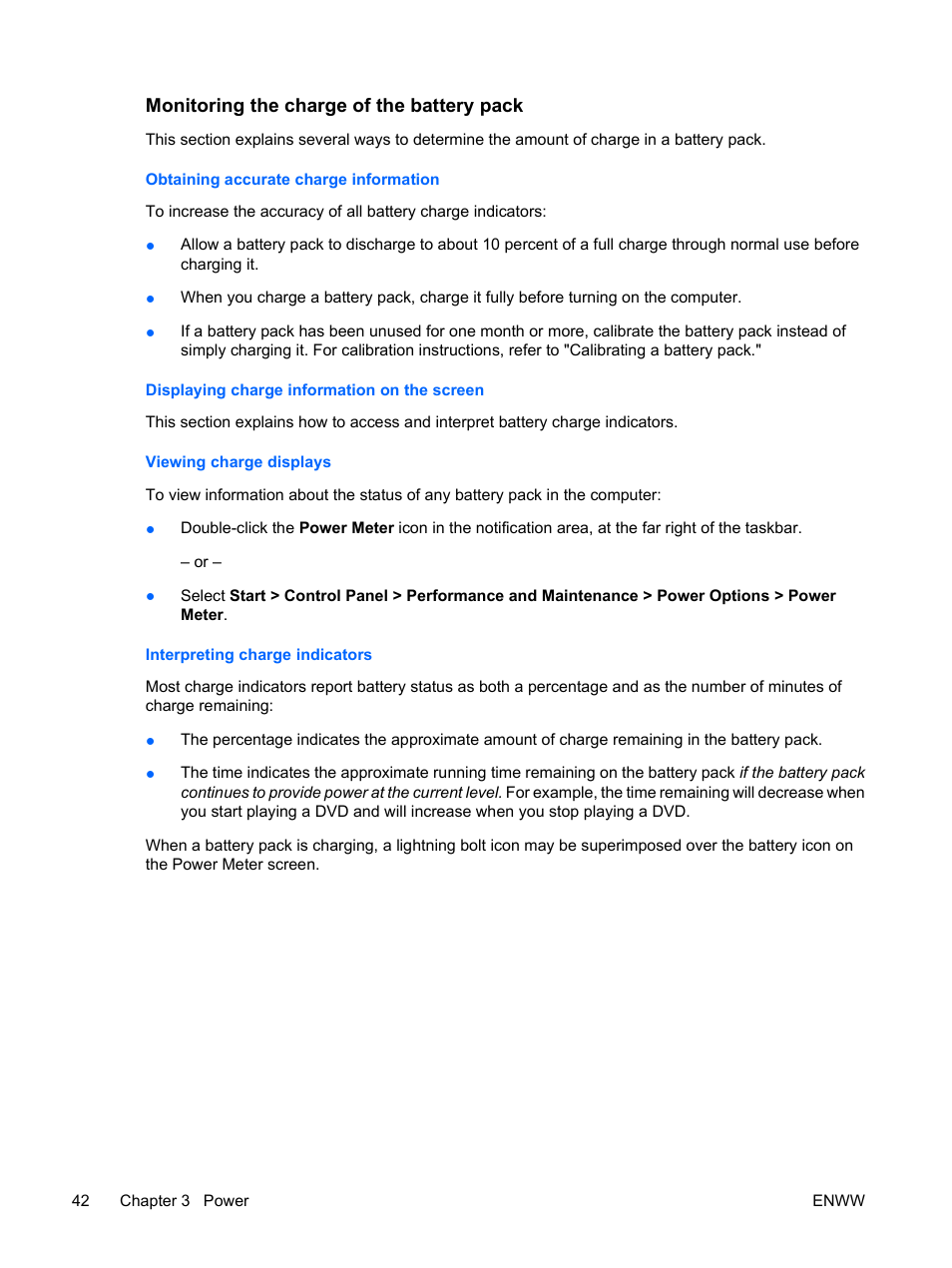 Monitoring the charge of the battery pack, Obtaining accurate charge information, Displaying charge information on the screen | Viewing charge displays, Interpreting charge indicators | HP Compaq Presario C310EU Notebook PC User Manual | Page 48 / 87