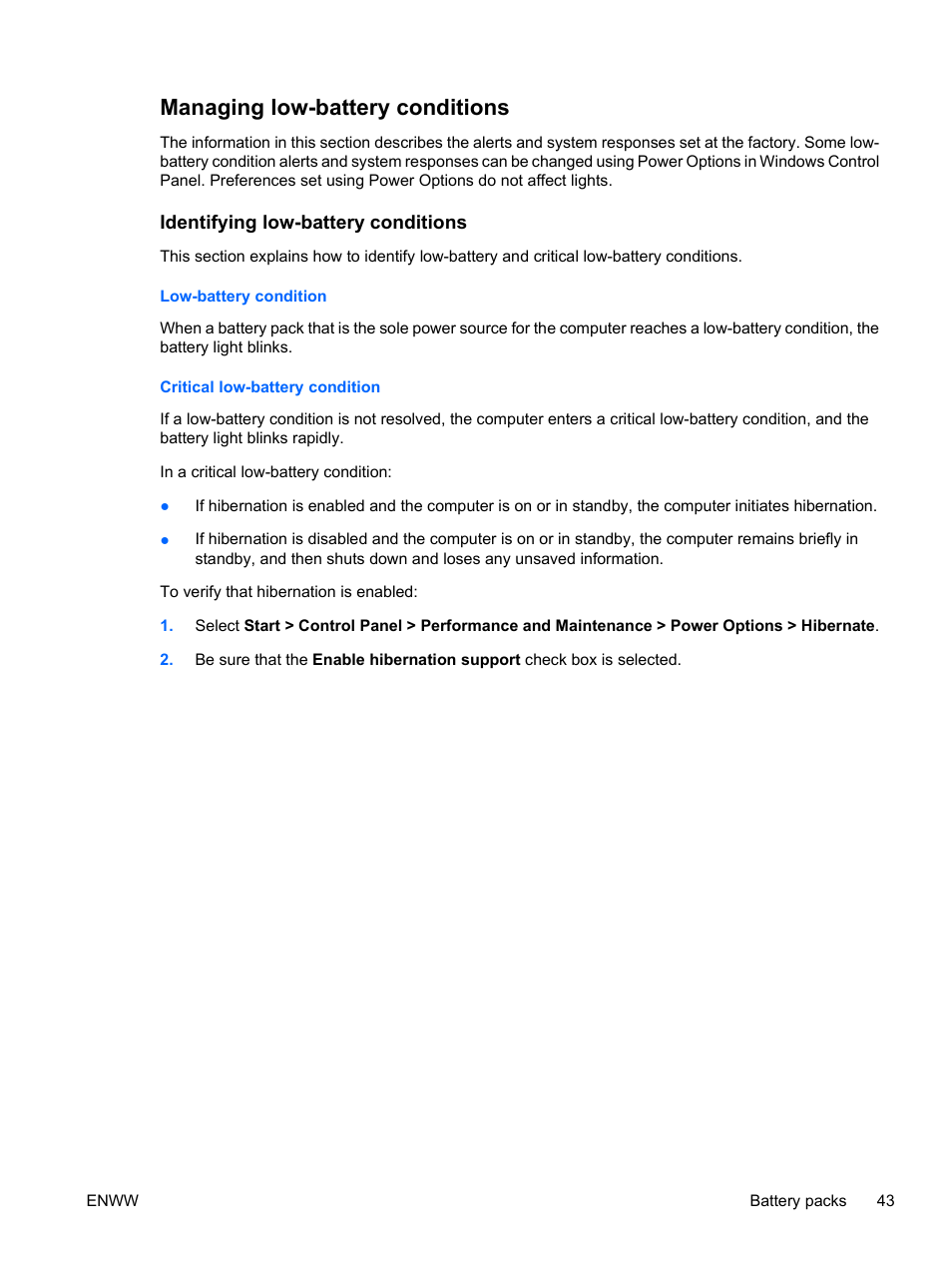 Managing low-battery conditions, Identifying low-battery conditions, Low-battery condition | Critical low-battery condition | HP Compaq Presario C310EU Notebook PC User Manual | Page 49 / 87