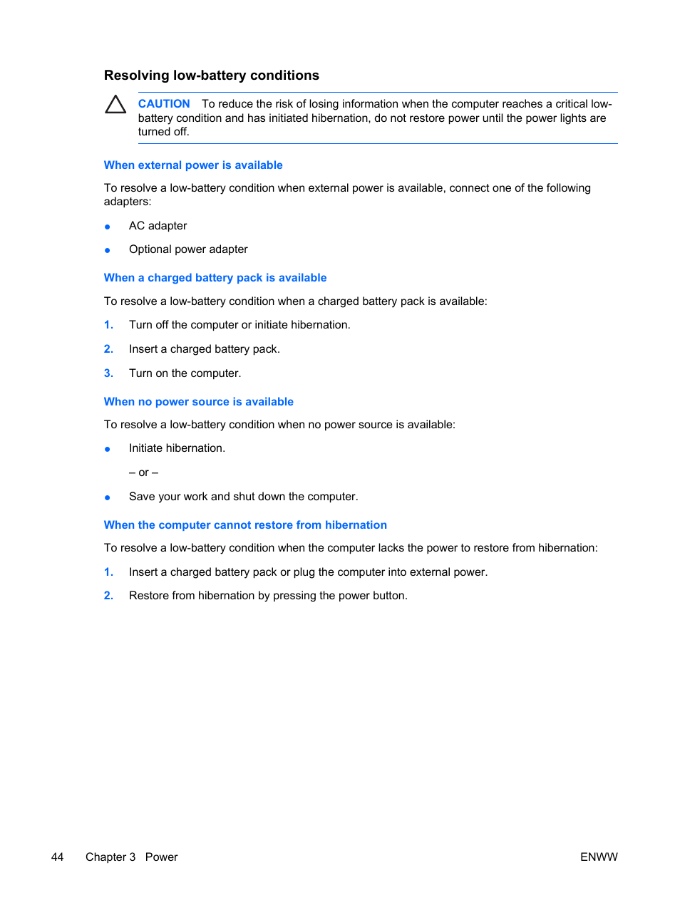 Resolving low-battery conditions, When external power is available, When a charged battery pack is available | When no power source is available, When the computer cannot restore from hibernation | HP Compaq Presario C310EU Notebook PC User Manual | Page 50 / 87