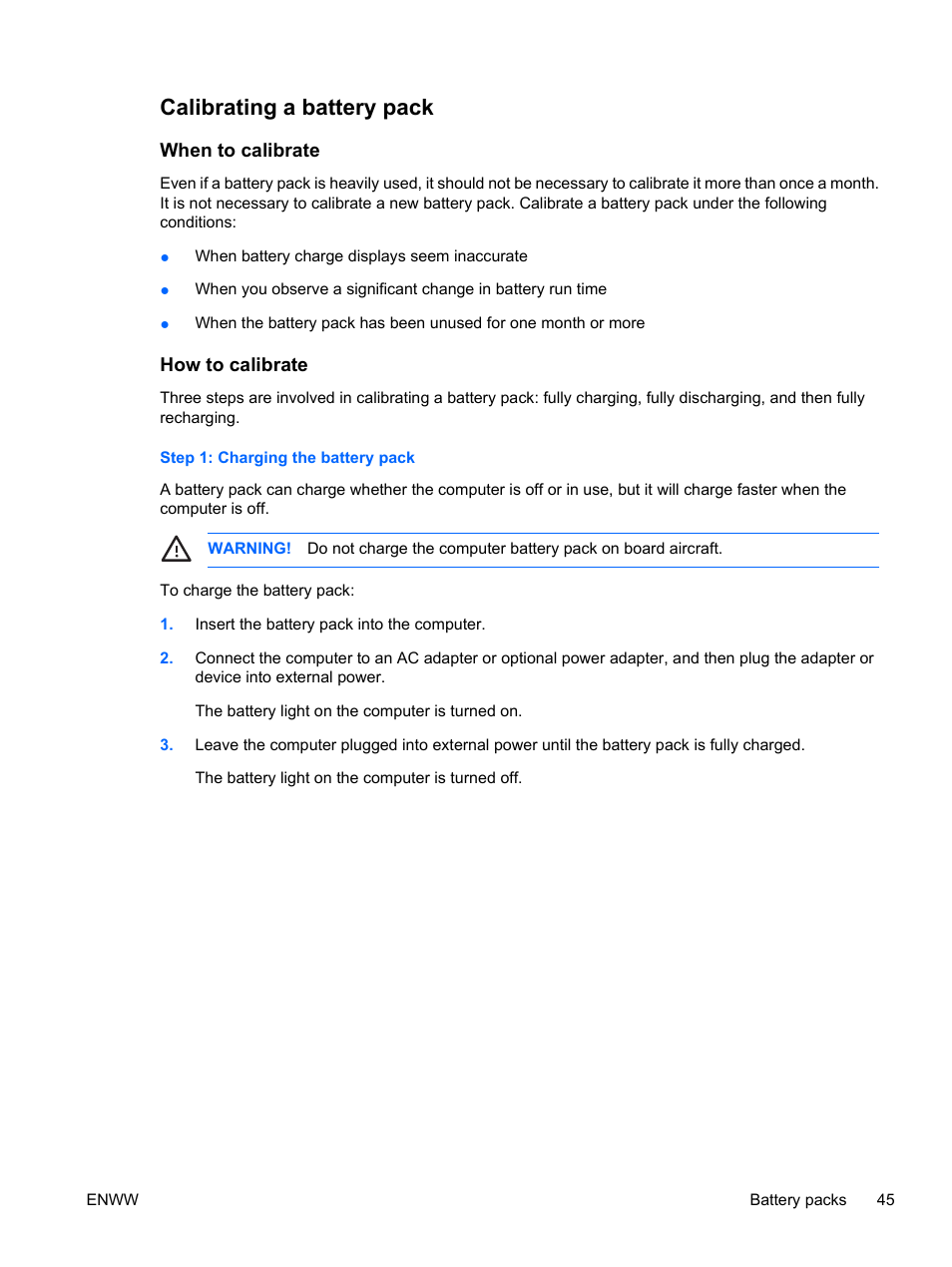 Calibrating a battery pack, When to calibrate, How to calibrate | Step 1: charging the battery pack, When to calibrate how to calibrate | HP Compaq Presario C310EU Notebook PC User Manual | Page 51 / 87