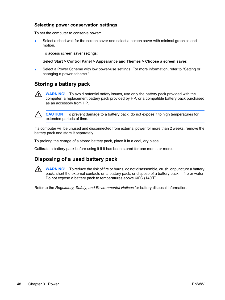 Selecting power conservation settings, Storing a battery pack, Disposing of a used battery pack | HP Compaq Presario C310EU Notebook PC User Manual | Page 54 / 87