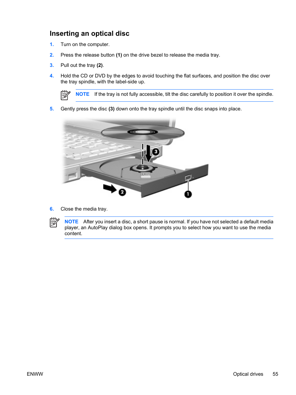 Inserting an optical disc | HP Compaq Presario C310EU Notebook PC User Manual | Page 61 / 87